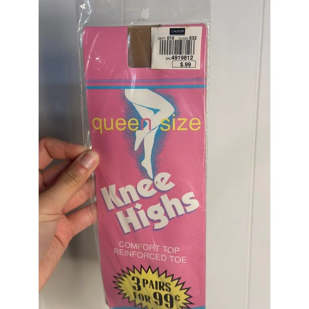 VTG Queen Size Knee Highs Stockings 3 Pairs Reinforced Toe Nylons NOS Sealed‎